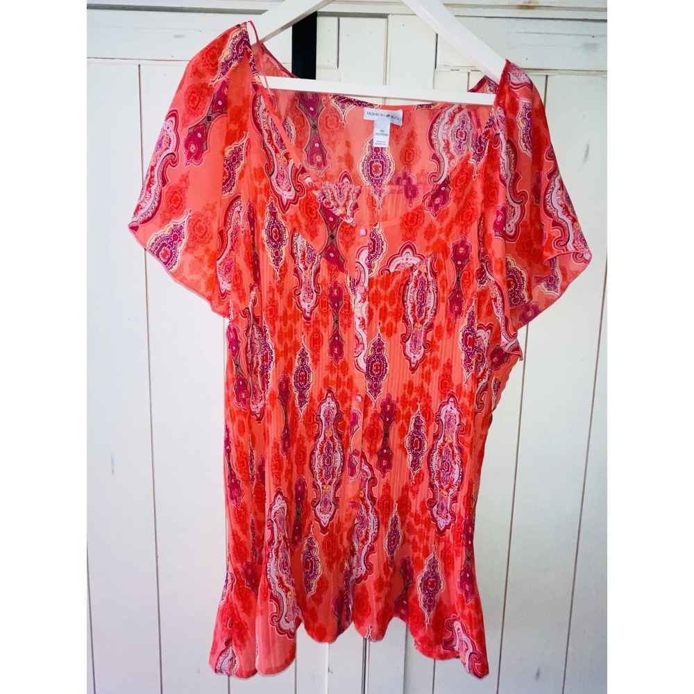 Fashion Bug Pink Paisley Blouse Top 3X. 26/28 Coral Pink Tones Short Sleeve